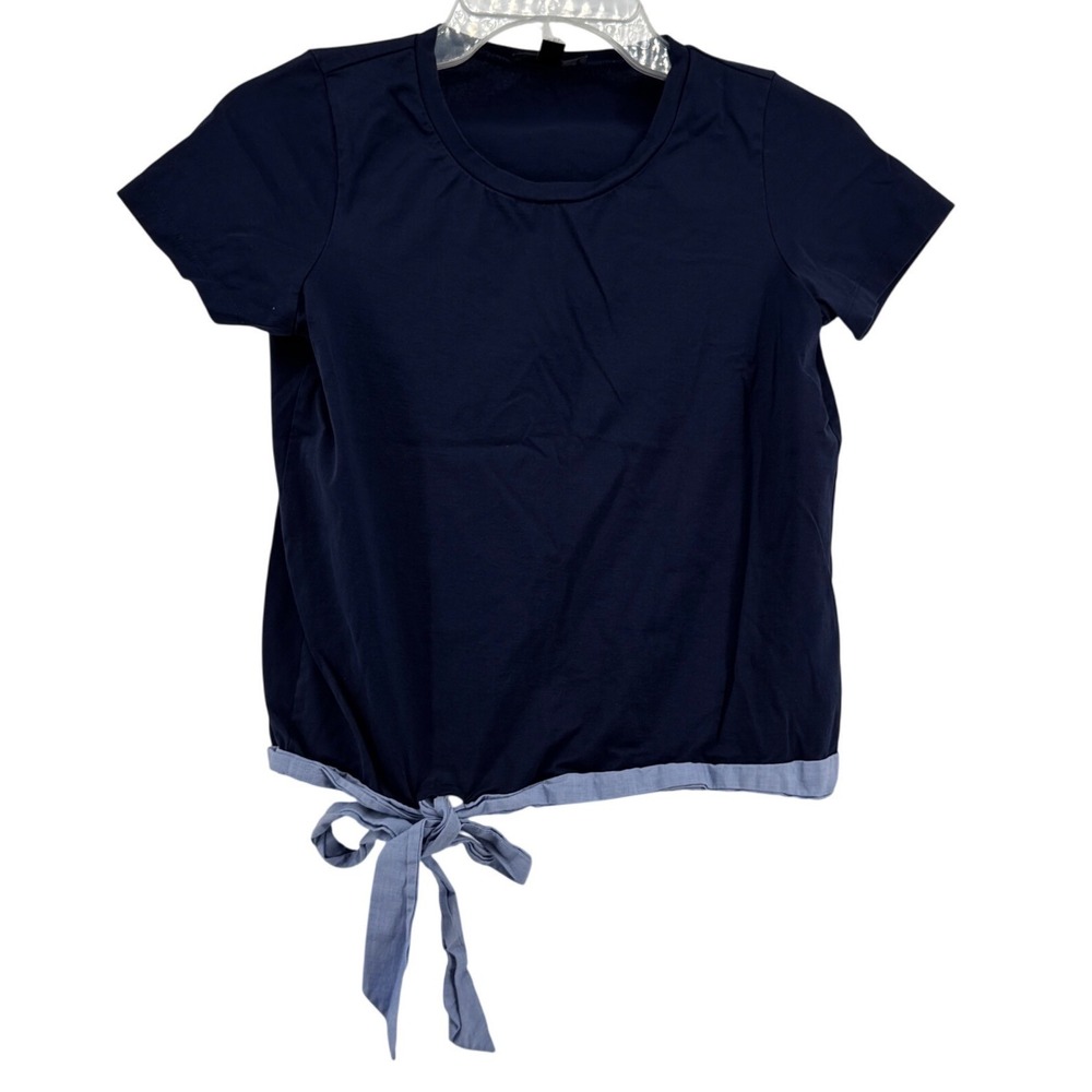 J.Crew Top Women XS Side Tie Navy Blue Contrast Hem Cotton Short Sleeve Nautical